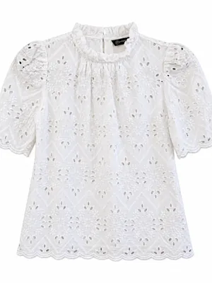 PrettyGarden Womens Small White Eyelet Embroidered Puff Sleeve Ruffle Top thumbnail 4