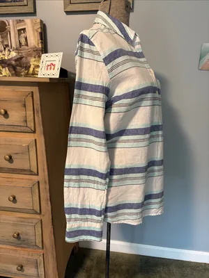 GAP Blue Linen Striped Button-Down Long Sleeve Shirt thumbnail 3