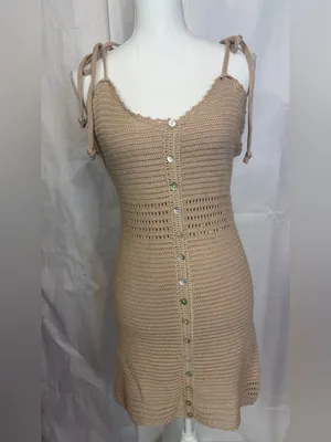 Tie-Shoulder Knit Mini Dress in Tan thumbnail 3