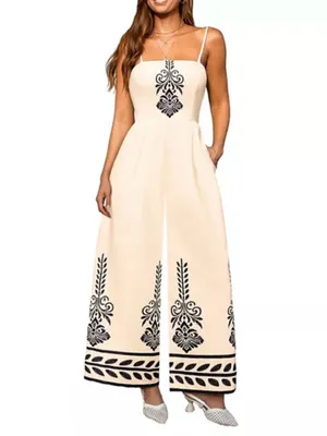 Cupshe Woman’s Cream Wide-Leg Jumpsuit with Black Scroll Motif Size XL thumbnail 4