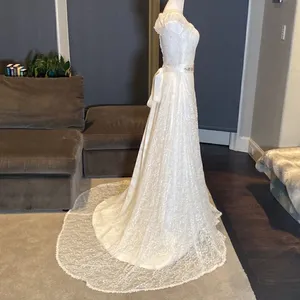 Women’s Wedding Dress V-Neck A-Line Cap Sleeve Lace over Satin Ivory Size 2 NWT thumbnail 8