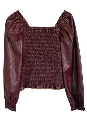 Ever After Faux Leather Smocked Puff Sleeve Top Burgundy Women’s M thumbnail 1