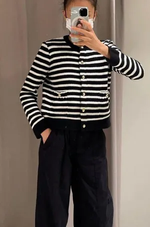 Zara button up sweater cardigan knitted stripped golden button thumbnail 1
