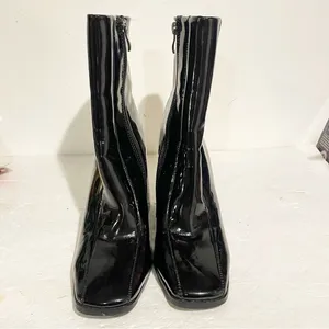 Nasty Gal Size 6 Black Patent Square Toe Flare Heel Boots‎ Zipper Side thumbnail 3
