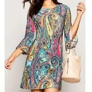 Tommy Hilfiger Dress 2 Multi Paisley Bell Sleeve Sheath Boho Modern Classic thumbnail 2