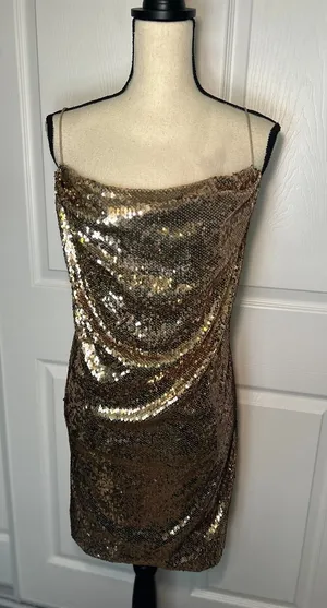 NWT ASOS Sequin Cowl Neck Slip Mini Dress Gold‎ Party Strappy Open Back Size 12 thumbnail 1