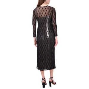 NWT Cece Womens Metallic Lace-Over Long-Sleeve Midi Dress Black XS thumbnail 4