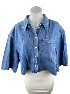 COS Blue Oversized Collared Half Sleeve Button Up Crop Denim Shirt Blouse Top 14 thumbnail 1