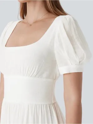 Halara White Square Neck Puff Sleeve Lace Up Cinch Waist Flowy Maxi Dress thumbnail 4