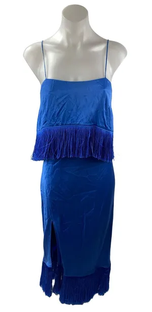 Cinq a Sept Blue Silk Satin Fringe Sleeveless Slit Cami Blouson Midi Dress Sz M thumbnail 1
