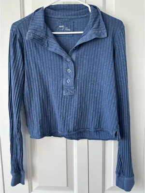 AE Aerie Shadow Stripe Henley T-Shirt American Eagle Marbled Blue XS thumbnail 4