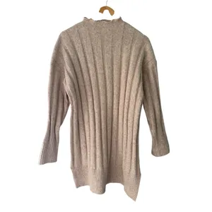 Oversized Oatmeal Ribbed Knit Sweater Dress High Neck Asymmetrical Hem thumbnail 2