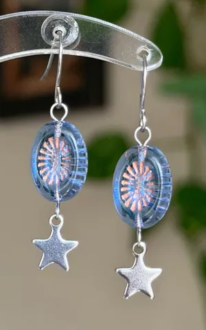 Handmade retro vintage cute whimsical style quality Czech glass beads unique dangle earrings🩵 thumbnail 1
