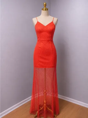 Red Orange Long Mesh Bottom Dress-Small thumbnail 3