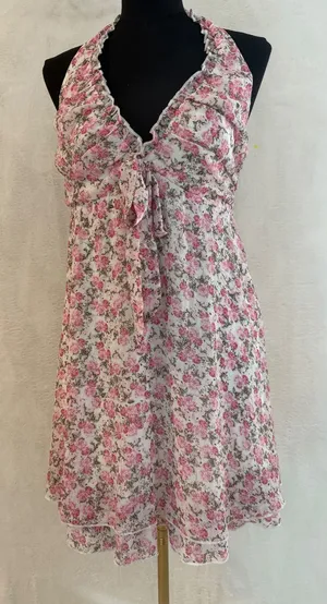 Wild Fable Pink‎ Floral Halter Dress Ruffle Tie Front Mini Size M NWT thumbnail 1