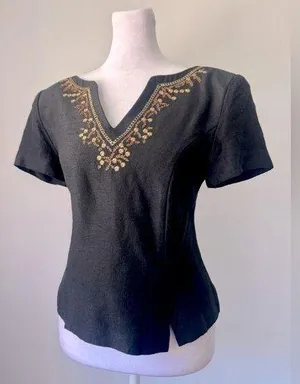 Vintage ‘90s Jessica Howard Black Floral Embroidered Blouse w/ Shoulder Pads thumbnail 1