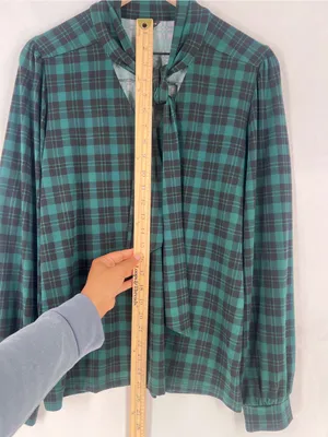 Ann Taylor Stretch Jersey Knit Green Black Plaid Tie-Neck Blouse Size S‎ thumbnail 10