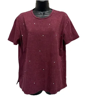 Edgely Burgundy‎ Rhinestone Short Sleeve Crew Neck T-Shirt Size Medium thumbnail 1