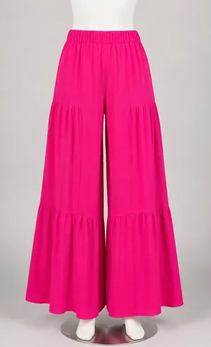 Cato Hot Pink Tiered Palazzo Pant Wide Leg Elastic Waist Lightweight Trouser Med thumbnail 1