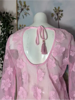 Women's Pink Floral Lace Fishnet Mesh Sheer Long Sleeve Midi Dress Cover Up M/L thumbnail 7