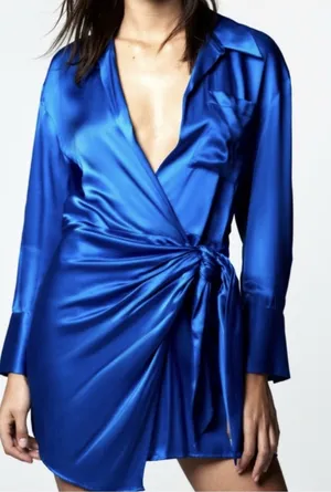 ZARA Blue Satin Wrap Mini Dress thumbnail 1