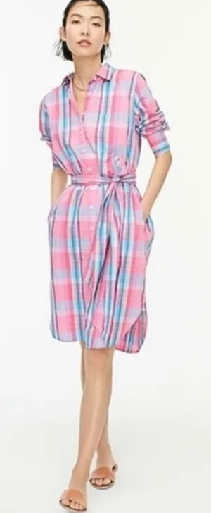 J. Crew Pink Blue Madras Plaid Cotton Shirt Dress Long Sleeve‎ AW560 Womens 2 thumbnail 1