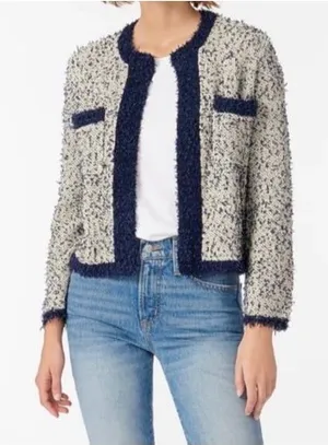 J.Crew Sz M contrast tweed white Navy Open front cropped jacket blazer cardigan thumbnail 1