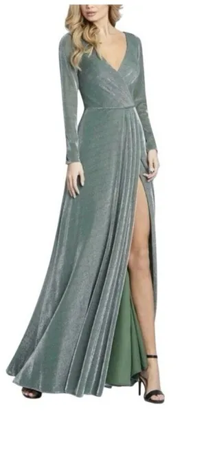 IEENA for Mac Duggal Faux Wrap Gown Maxi Dress Sz 12 Jade Green Metallic stretch thumbnail 1