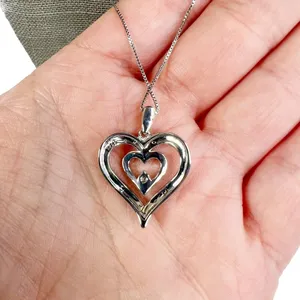 Diamond Double Heart Sterling Silver Box Chain Pendant Necklace thumbnail 6