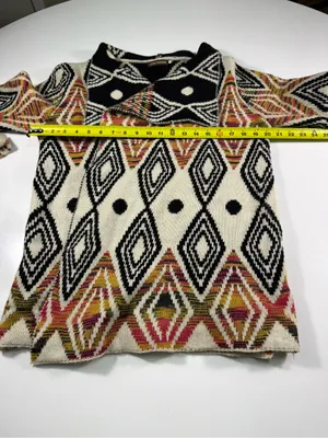 Open-Front Geometric Cardigan in Cream and Black with Rust Accents thumbnail 4