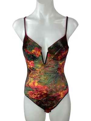 Vintage Victoria's Secret Gold Label Floral Velvet Mesh Teddy Bodysuit Top Sz 34 thumbnail 1