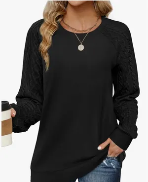 Womens Black Cable Knit‎ Mixed Media Raglan Long Sleeve Sweatshirt Top Size L thumbnail 1