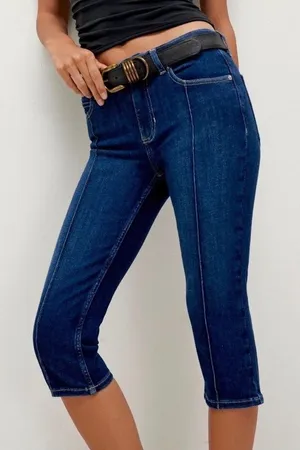 We The Free Current Free People Dusk to Dawn Mid Rise Blue Capri Jeans Stretchy 33 XL thumbnail 1