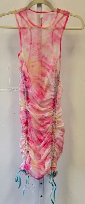 Oh Polly Tie-Dye Sheer Bodycon‎ Mini Sleeveless Dress Pink Medium Cinched Hem thumbnail 1