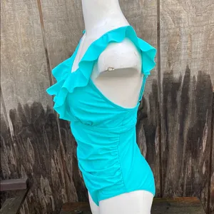 Turquoise Plunge Ruffle Trim Ruched Tummy One Piece Swimsuit Size M thumbnail 6