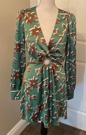 TCEC o ring‎ cutout Floral Green and Brown Women's Dress size M thumbnail 1
