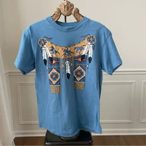 Vintage 80s Single Stitch Diamond Dust Native American Indian Horse Tshirt L thumbnail 2