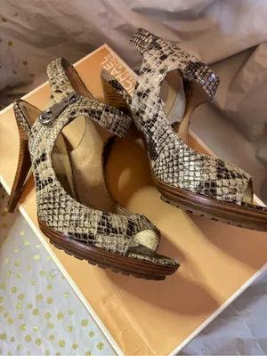 Michael Kors Snake-Print Open-Toe Slingback Heels in Brown and Tan thumbnail 4