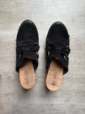 Korks Woodley Black Suede Boho Wooden Platform Clogs Mules Size 10  thumbnail 2