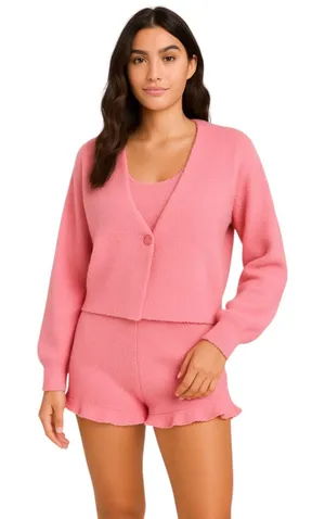 ASOS Pink Fleece Cardigan Short Sleeve T Shirt Shorts Sweater 3 Piece Set Size 2 thumbnail 1