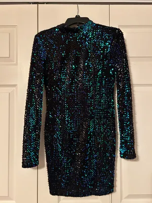 Black Iridescent Sequin Long Sleeve Open Back Dress thumbnail 1