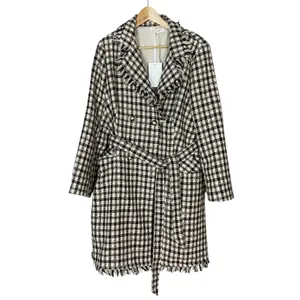 NWT Grace Karin Tweed Pea Coat Plaid Women Size XL Raw Edges Belted Cream Brown‎ thumbnail 2