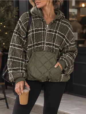 Zara Green Plaid Sherpa Fleece Quilted Pocket Pullover Hoodie (XS) thumbnail 1
