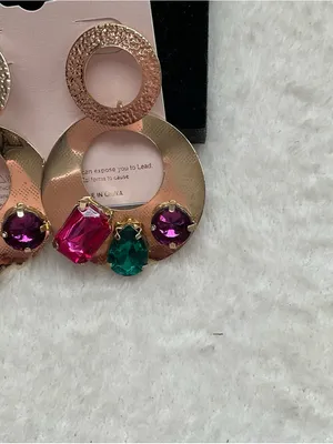 Gold Hoop Earrings with Pink and Green Gemstones thumbnail 3