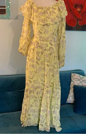 Women’s ASTR The Label Maxi Dress Green Long Sleeve Off Shoulder L Large Floral thumbnail 2
