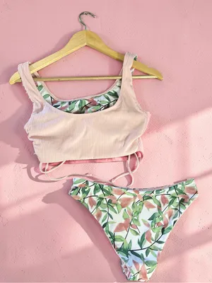 CUPSHE Reversible Ribbed Bikini Set Size S Peach & Leaf Print thumbnail 11