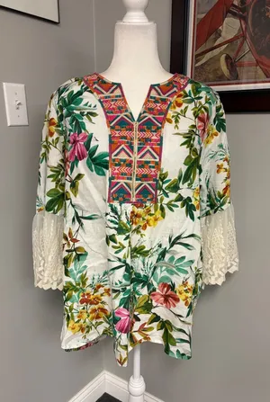 John Mark Womens L Top Linen Lace Floral Embroidered Tunic Multicolor Boho thumbnail 1