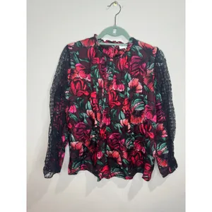 Sandro Paris Red Floral Mock Neck Blouse Black Lace Sleeves Silk Blend sz 1 thumbnail 2