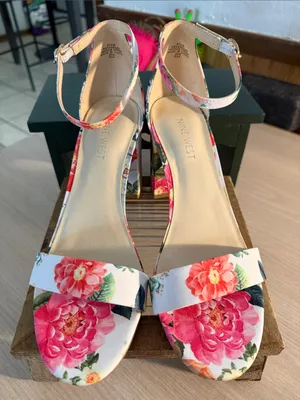 Nine West Floral Open-Toe Ankle-Strap Block Heels in Pink and Green thumbnail 1