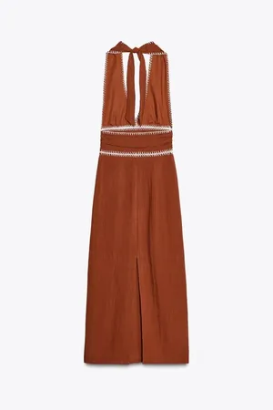Zara Sleeveless V-Neck Brown Cotton Bohemian Maxi Dress thumbnail 5